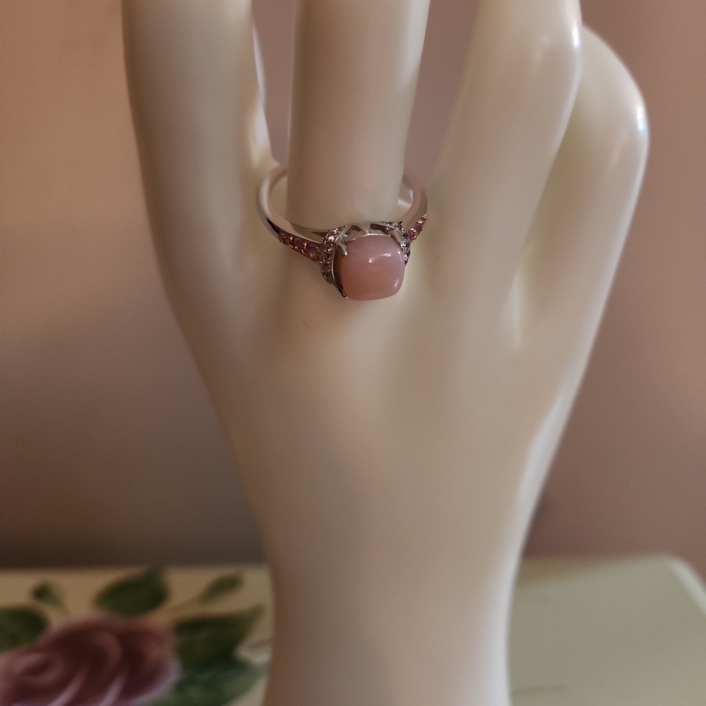 JTV Pink Opal Sapphire Zircon Silver Ring